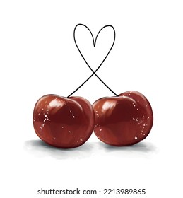 Two Sweet Romantic Cherries with Black Heart made of Knots. Simple Hand Drawn Vector Illustration with Red Cherries on a White Background.  Modern Art ideal for Card, Poster, Wall Art. 