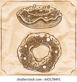 Two sweet vintage donuts with sprinkles, frosting and the marshmallow. Vector hand drawn illustration. T-shirt printing. Old paper background