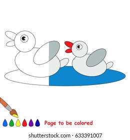 Two Swimming Ducks, the coloring book to educate preschool kids with easy gaming level, the kid educational game to color the colorless half by sample.