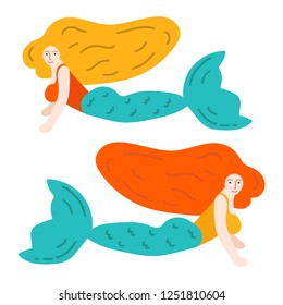 Two swimming mermaid. Vector illustration icons for greeting card, t shirt, print, stickers, posters design.