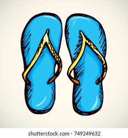 Two swimwear cyan sandles isolated on white background. Freehand bright color hand drawn icon sketchy in art scribble retro style. Top close-up view with space for text on sunny sandy backdrop