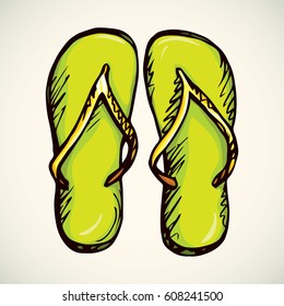 Two swimwear light sandles isolated on white background. Freehand bright lime color hand drawn picture sketchy in scribble retro style. Top close-up view with space for text on sandy sea shore