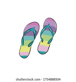  Two swimwear sandles isolated. Bright color hand drawn icon sketchy in scribble retro style. Top close-up view. Colorful flip Flop.