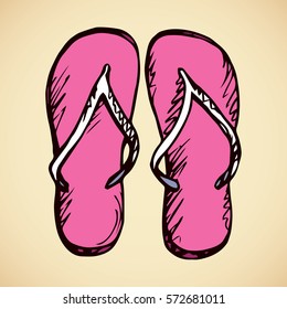 Two swimwear sandles isolated on beige sandy background. Bright color hand drawn icon sketchy in scribble retro style. Top close-up view