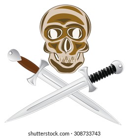 Two sword and skull of the person on white background is insulated.