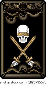 Two of swords. Card of Minor arcana black and gold tarot cards. Tarot deck. Vector hand drawn illustration with scull, occult, mystical and esoteric symbols.