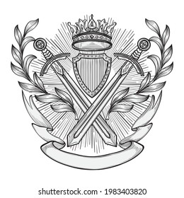 Two swords and crown black and white decorative vintage emblem