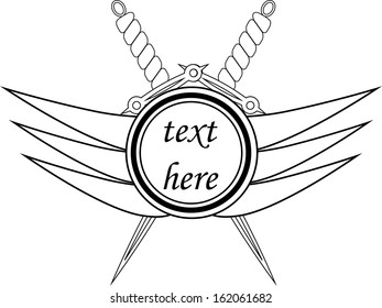 Two swords with a curved handles and text with wings
