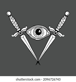 two swords with an eye in the middle hand drawn free vector illustration