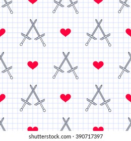 Two swords and hearts on paper. Seamless backround. Eps 10
