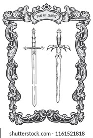 Two of swords. Minor Arcana tarot card. The Magic Gate deck. Fantasy engraved vector illustration with occult mysterious symbols and esoteric concept