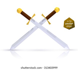 Two swords on a light background with reflection. Low poly style. Vector illustration.