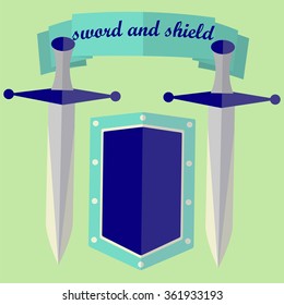 Two swords and a shield in flat style in blue and green colors