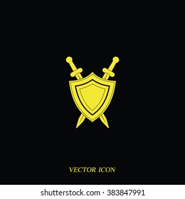 Two swords and shield. Flat web icon.