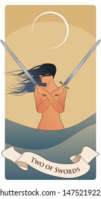 Two of swords. Tarot cards. Wind-haired woman with two swords crossed over her chest, in the sea under the crescent moon.