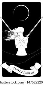 Two of swords. Tarot cards. Wind-haired woman with two swords crossed over her chest, in the sea under the crescent moon.