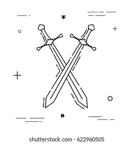 Two swords were crossed, in a linear style. Linear icon. Isolated on white background. Vector illustration.