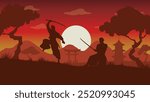 Two Swordsmen Practicing in the Afternoon - Beautiful 2D Landscape Silhouette Wallpaper