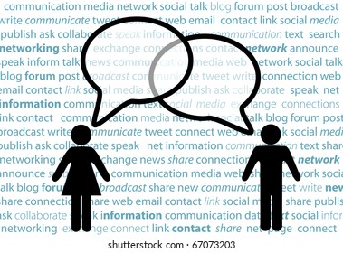 Two symbol people share social network words in media speech bubbles on a text background