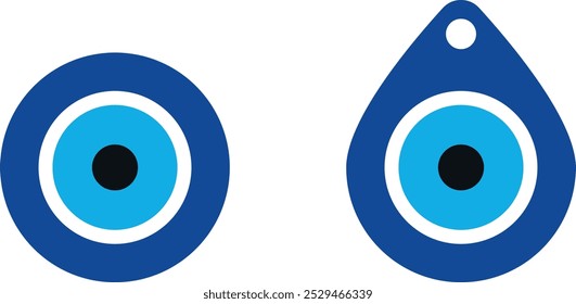 Dos símbolos del amuleto del "ojo malvado": uno circular con círculos concéntricos azules, blancos y negros; uno en forma de lágrima con un Pequeño agujero en la parte superior, también en azul, blanco y negro.