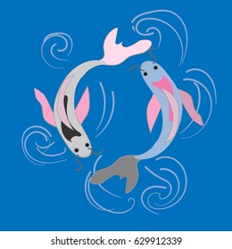 Two symbols koi fish, water and fire, colorful vector illustration