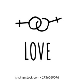 Two Symbols of man are connected. doodle style. Lettering Love. Gay parade slogan. LGBT rights symbol. Isolated.Vector hand drawn illustration.