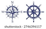 Two symbols of navigation are shown. On the left is a compass rose with cardinal directions. On the right is a ship