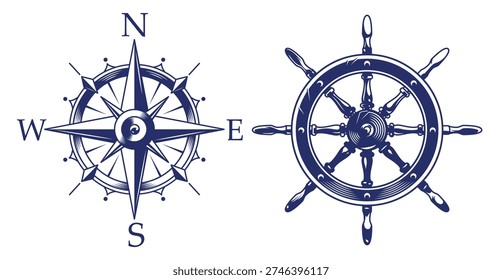 Two symbols of navigation are shown. On the left is a compass rose with cardinal directions. On the right is a ship's steering wheel. Both are important tools for sailors.
