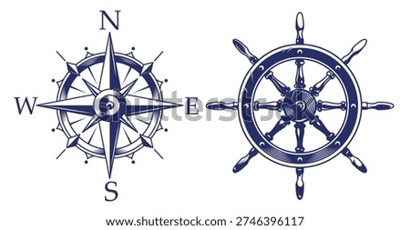 Two symbols of navigation are shown. On the left is a compass rose with cardinal directions. On the right is a ship's steering wheel. Both are important tools for sailors.