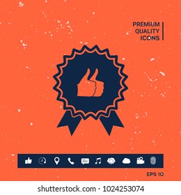 Two symbols Thumb Up Gesture - label with ribbons. Thumb up icon - the highest score, the best choice, the highest rating