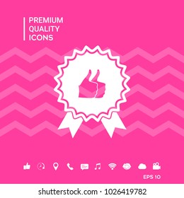 Two symbols Thumb Up Gesture - label with ribbons. Thumb up icon - the highest score, the best choice, the highest rating