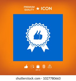 Two symbols Thumb Up Gesture - label with ribbons. Thumb up icon - the highest score, the best choice, the highest rating
