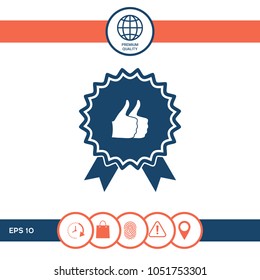 Two symbols Thumb Up Gesture - label with ribbons. Thumb up icon - the highest score, the best choice, the highest rating