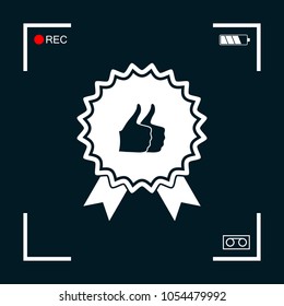 Two symbols Thumb Up Gesture - label with ribbons. Thumb up icon - the highest score, the best choice, the highest rating