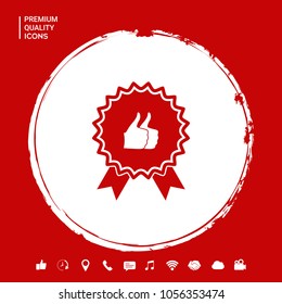Two symbols Thumb Up Gesture - label with ribbons. Thumb up icon - the highest score, the best choice, the highest rating