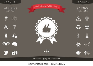Two symbols Thumb Up Gesture - label with ribbons. Thumb up icon - the highest score, the best choice, the highest rating