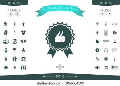 Two symbols Thumb Up Gesture - label with ribbons. Thumb up icon - the highest score, the best choice, the highest rating