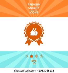 Two symbols Thumb Up Gesture - label with ribbons. Thumb up icon - the highest score, the best choice, the highest rating