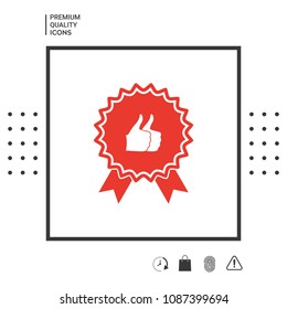Two symbols Thumb Up Gesture - label with ribbons. Thumb up icon - the highest score, the best choice, the highest rating