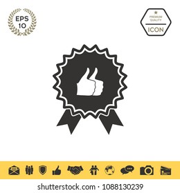 Two symbols Thumb Up Gesture - label with ribbons. Thumb up icon - the highest score, the best choice, the highest rating