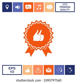 Two symbols Thumb Up Gesture - label with ribbons. Thumb up icon - the highest score, the best choice, the highest rating