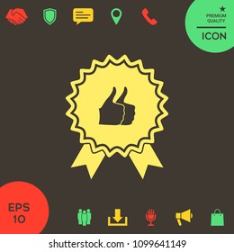 Two symbols Thumb Up Gesture - label with ribbons. Thumb up icon - the highest score, the best choice, the highest rating