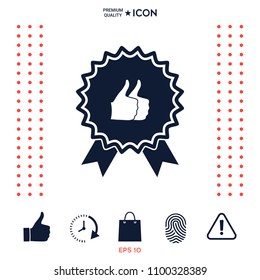 Two symbols Thumb Up Gesture - label with ribbons. Thumb up icon - the highest score, the best choice, the highest rating