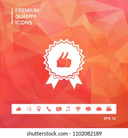 Two symbols Thumb Up Gesture - label with ribbons. Thumb up icon - the highest score, the best choice, the highest rating