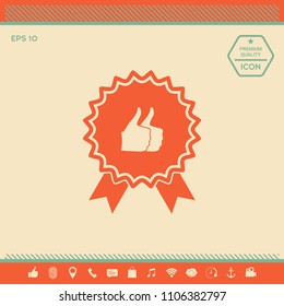 Two symbols Thumb Up Gesture - label with ribbons. Thumb up icon - the highest score, the best choice, the highest rating
