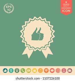 Two symbols Thumb Up Gesture - label with ribbons. Thumb up icon - the highest score, the best choice, the highest rating