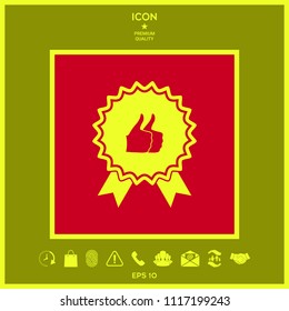 Two symbols Thumb Up Gesture - label with ribbons. Thumb up icon - the highest score, the best choice, the highest rating