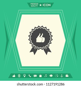 Two symbols Thumb Up Gesture - label with ribbons. Thumb up icon - the highest score, the best choice, the highest rating