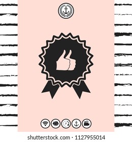 Two symbols Thumb Up Gesture - label with ribbons. Thumb up icon - the highest score, the best choice, the highest rating