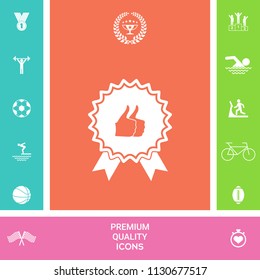 Two symbols Thumb Up Gesture - label with ribbons. Thumb up icon - the highest score, the best choice, the highest rating